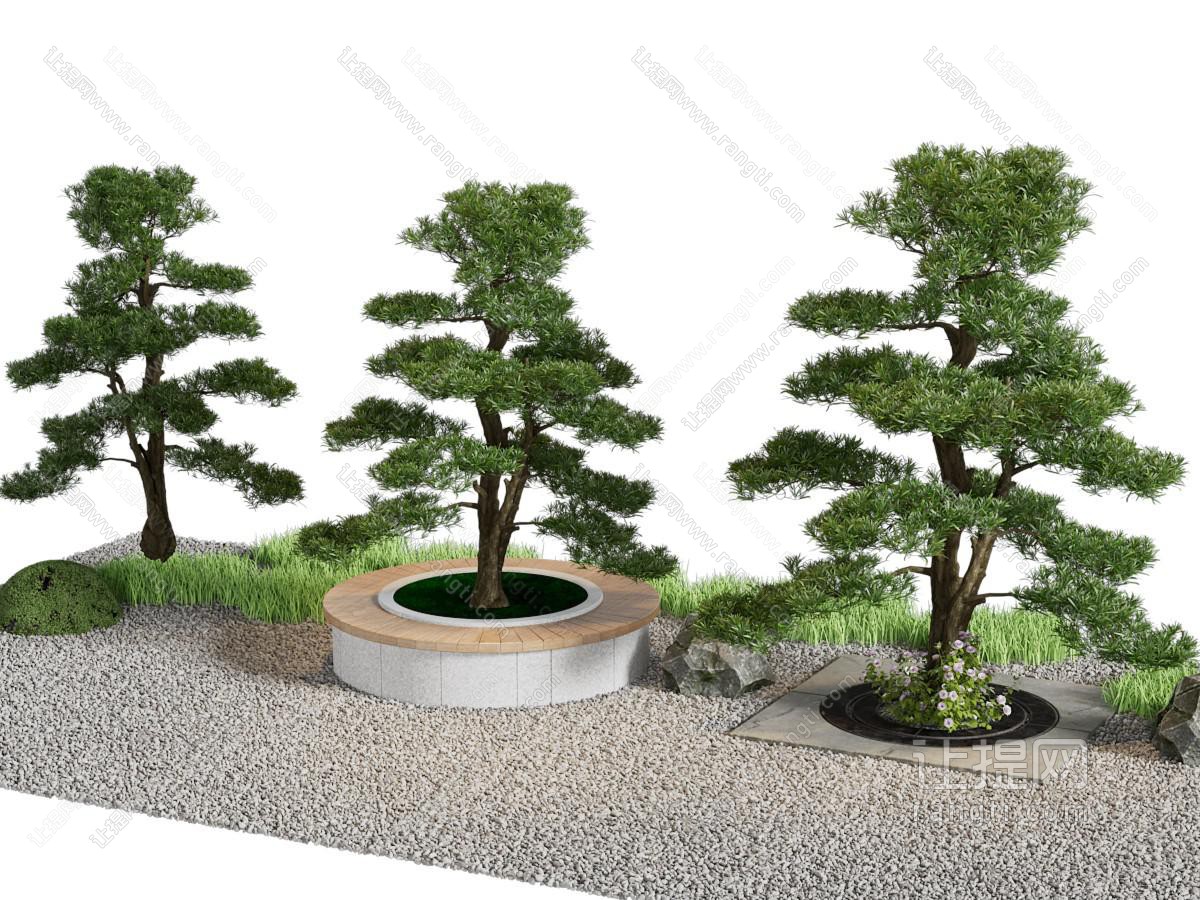 新中式松树、石子景观园艺小品