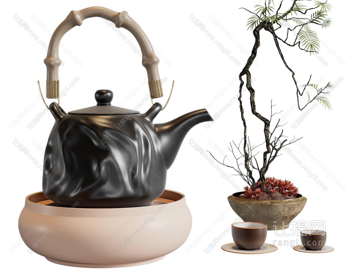 新中式茶壶、茶杯、盆景