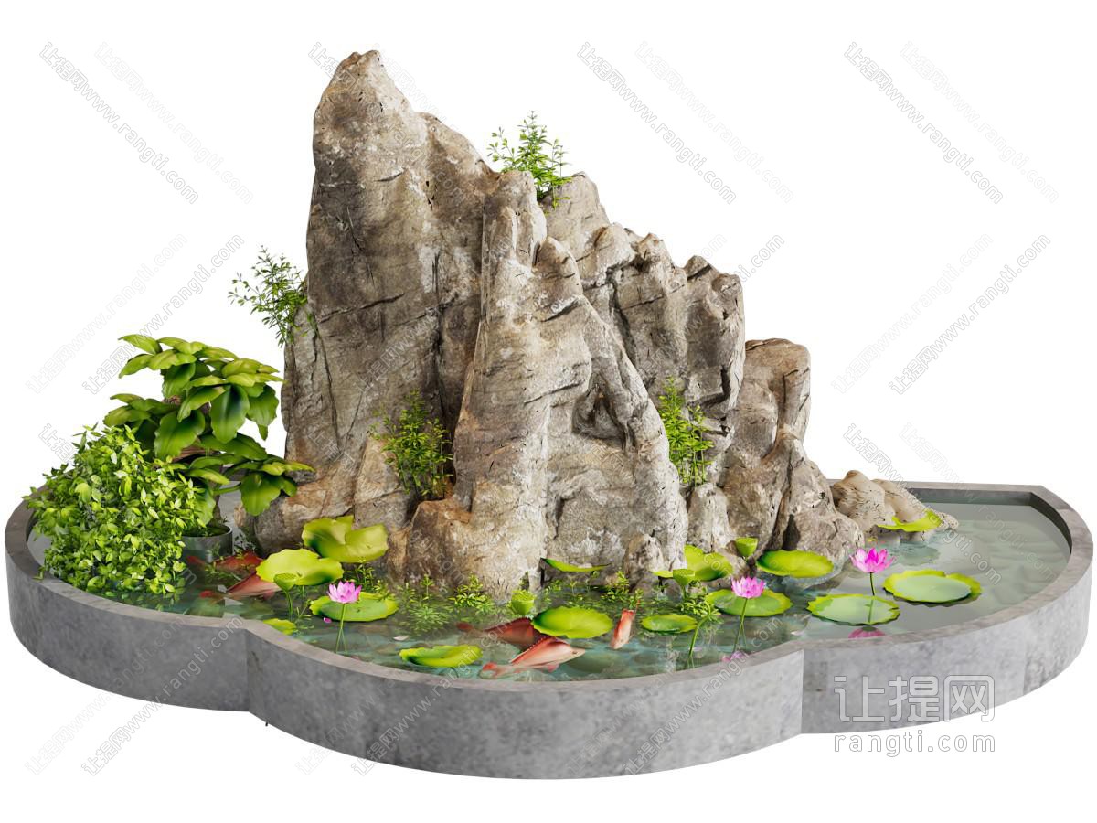 新中式水池、假山景观园艺小品