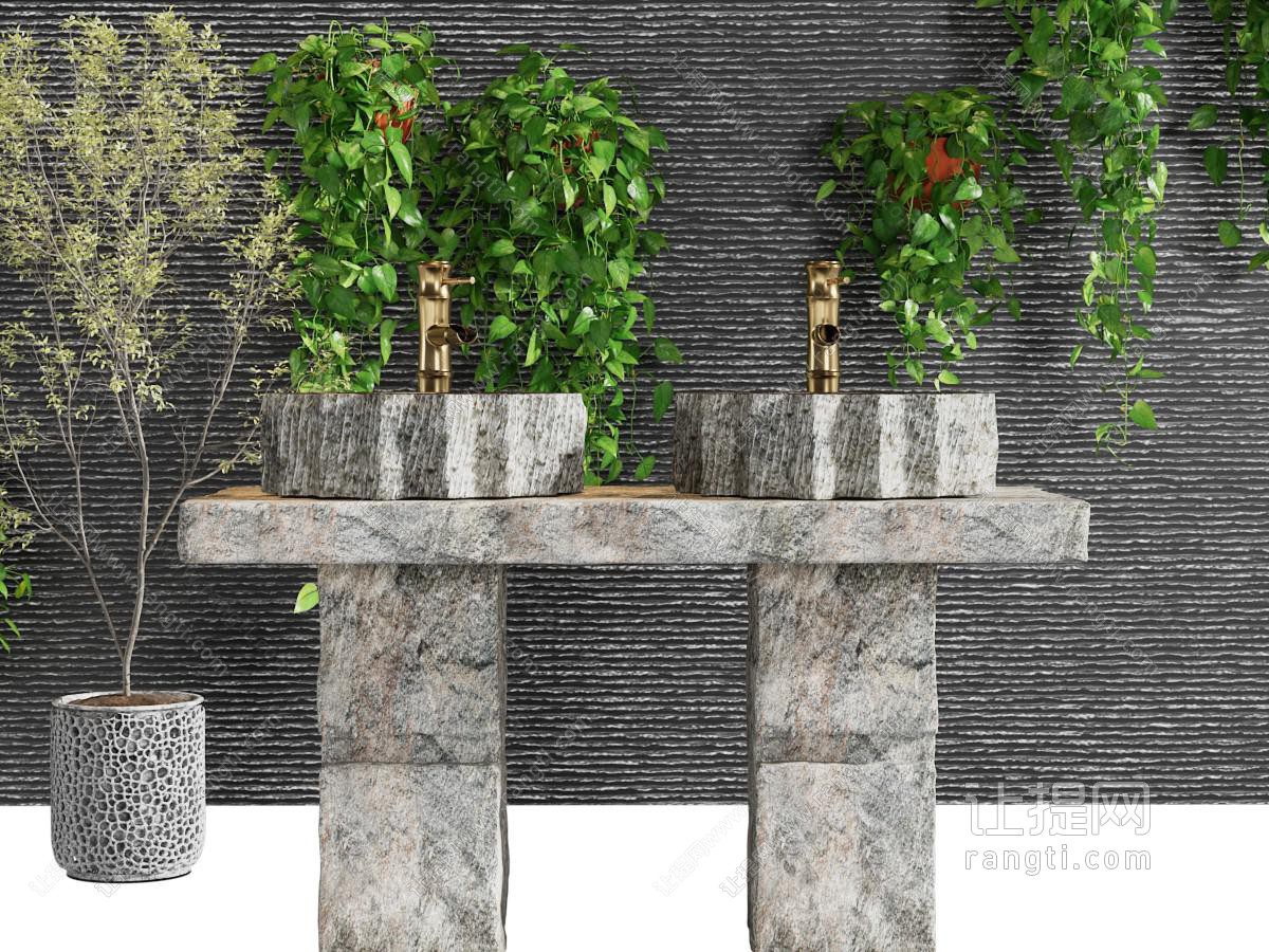 新中式石头洗手台、植物墙景观园艺小品