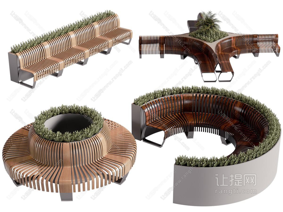 现代带花坛植物的景观公共椅子