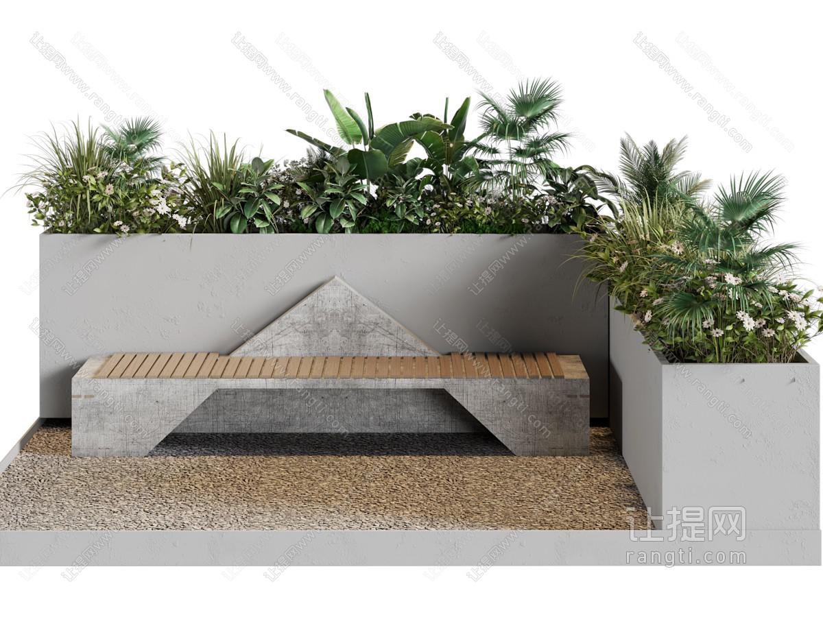 现代花坛花草植物、公共椅子景观园艺小品