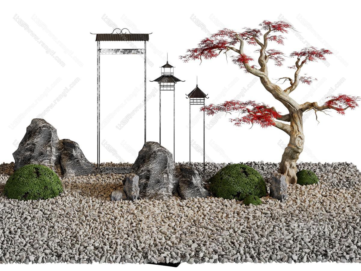 新中式松树、石头景观园艺小品