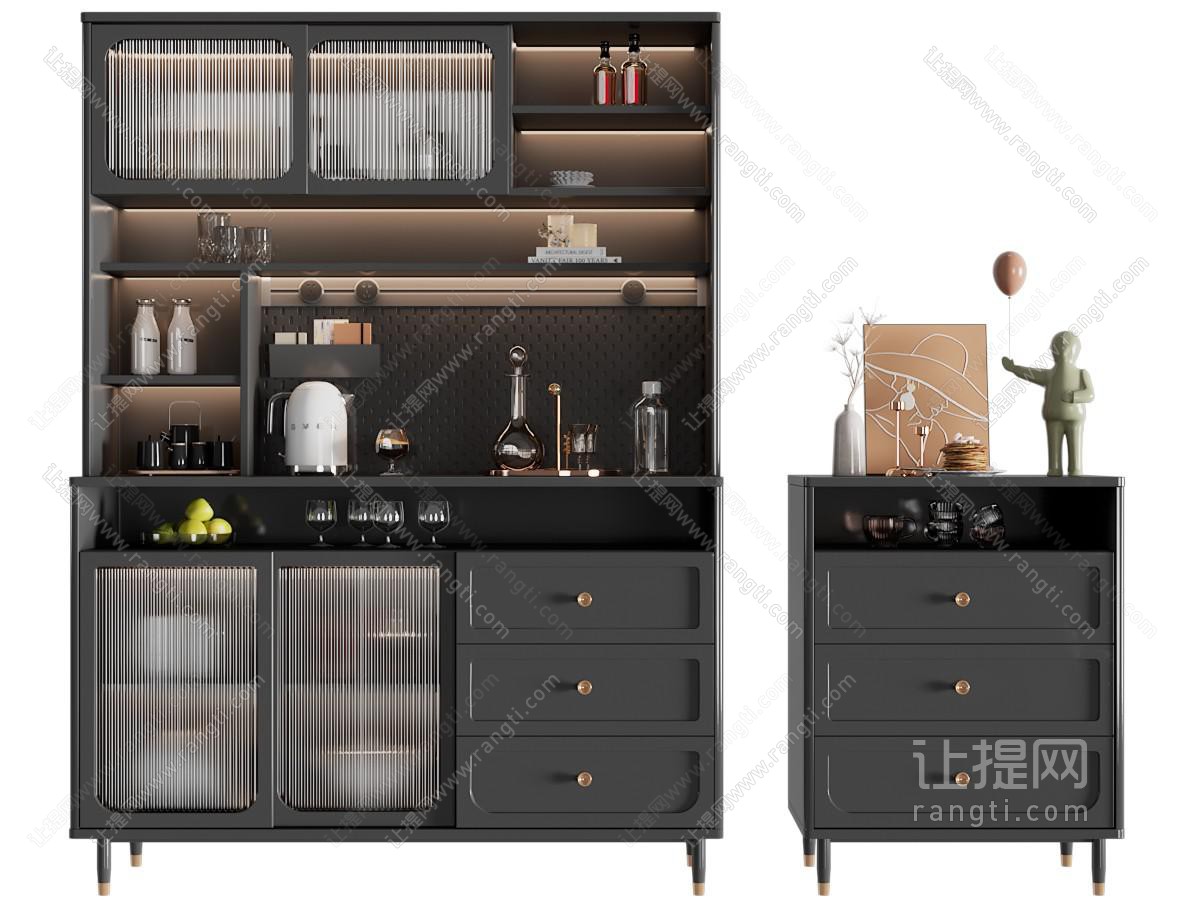 法式黑色古典实木餐边柜