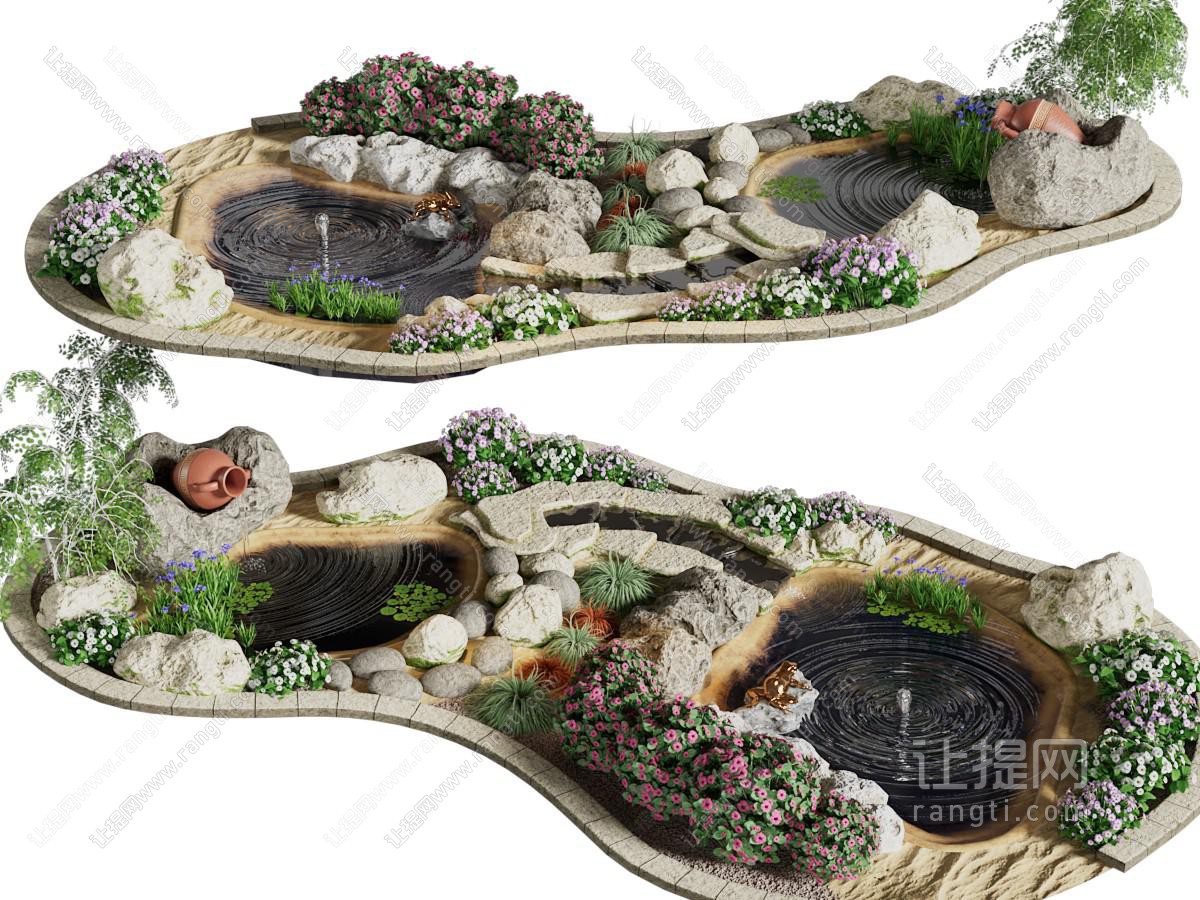 现代花草石头、水池景观园艺小品