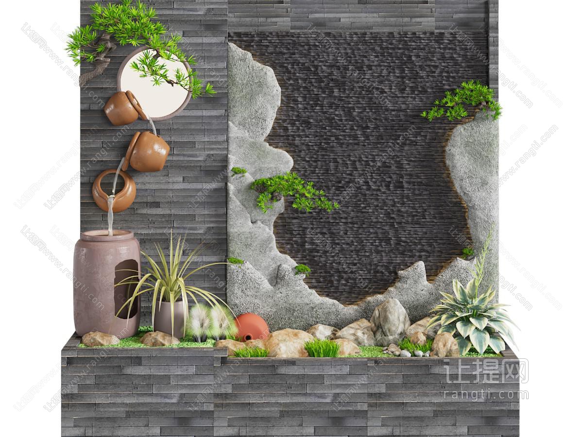 新中式水景植物墙景观园艺小品