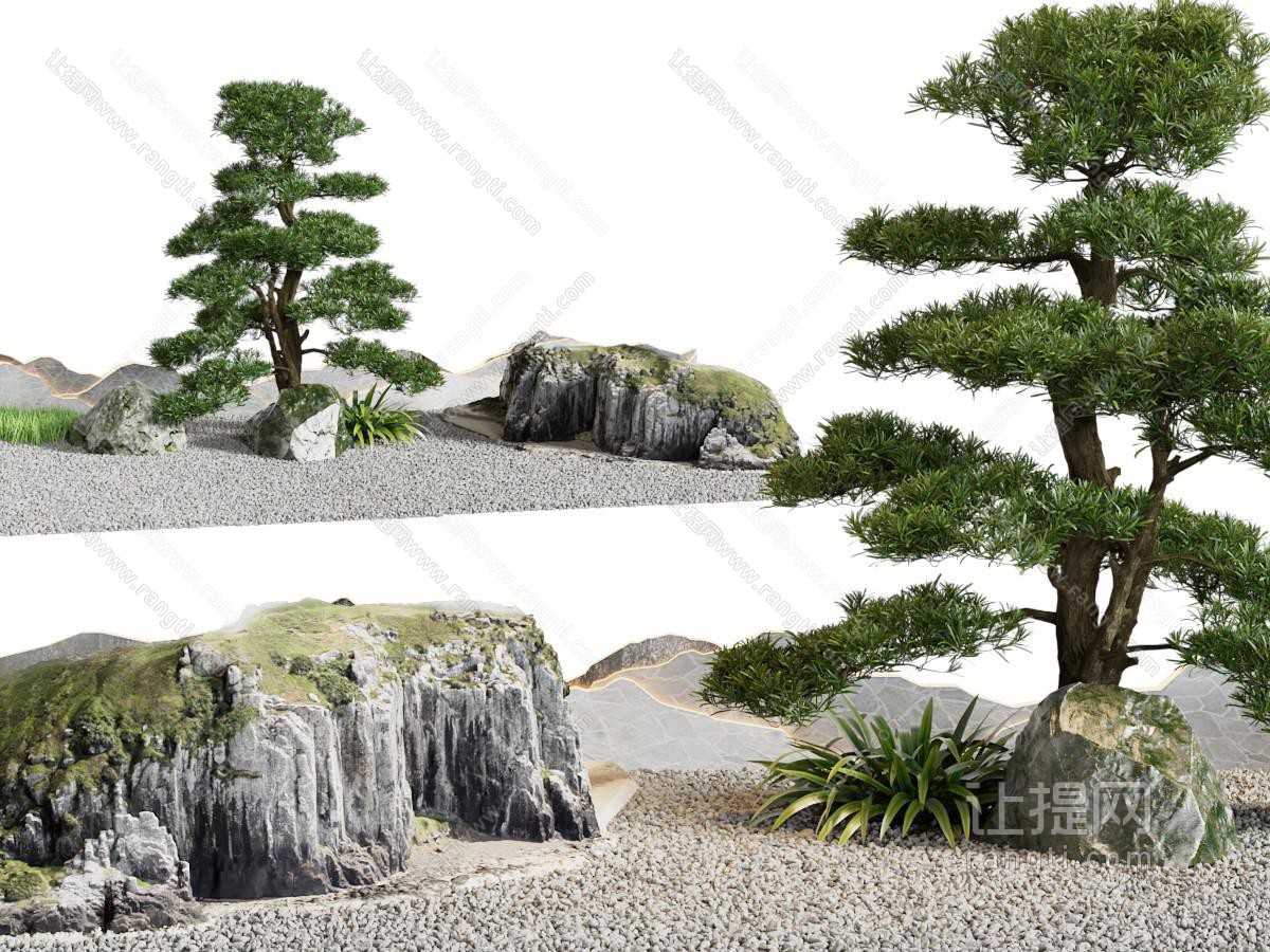 新中式松树、石头景观园艺小品