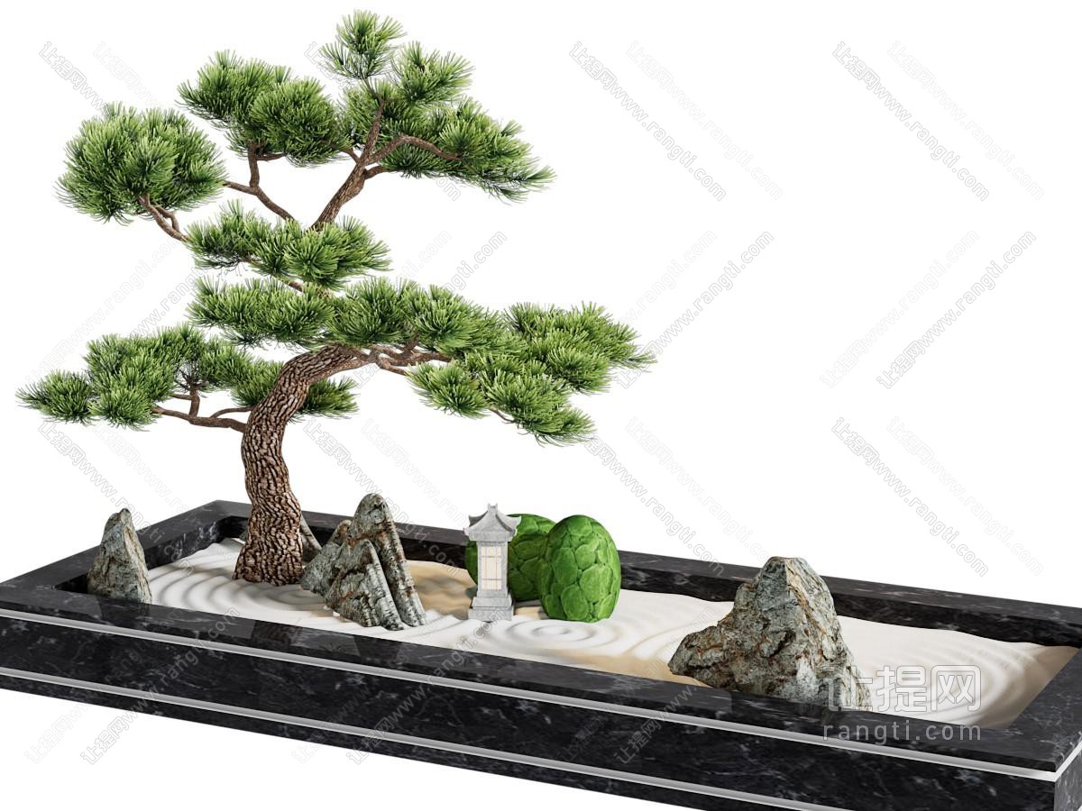 新中式松树、石头景观园艺小品