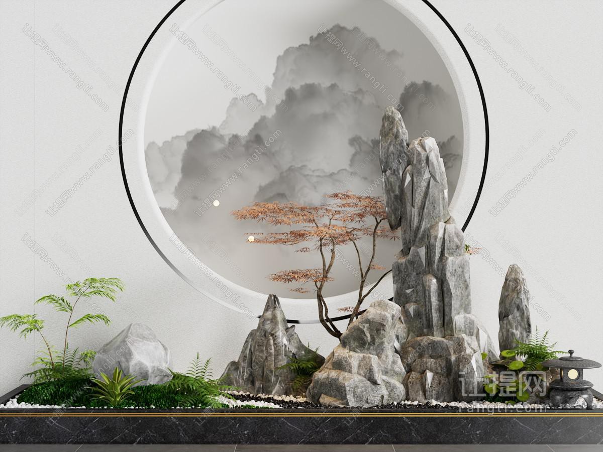 新中式假山 花草植物室内景观园艺小品