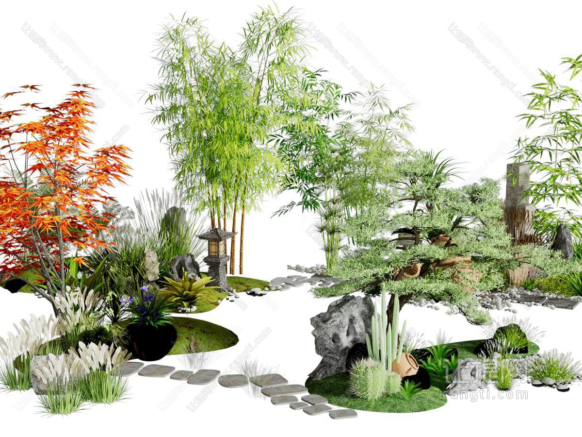 新中式公园石径 竹子 花草景观园艺小品