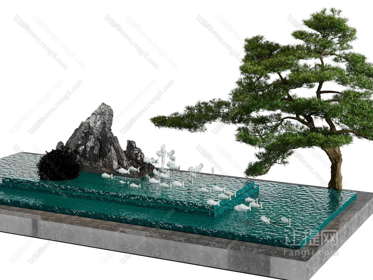 新中式水景松树景观园艺小品