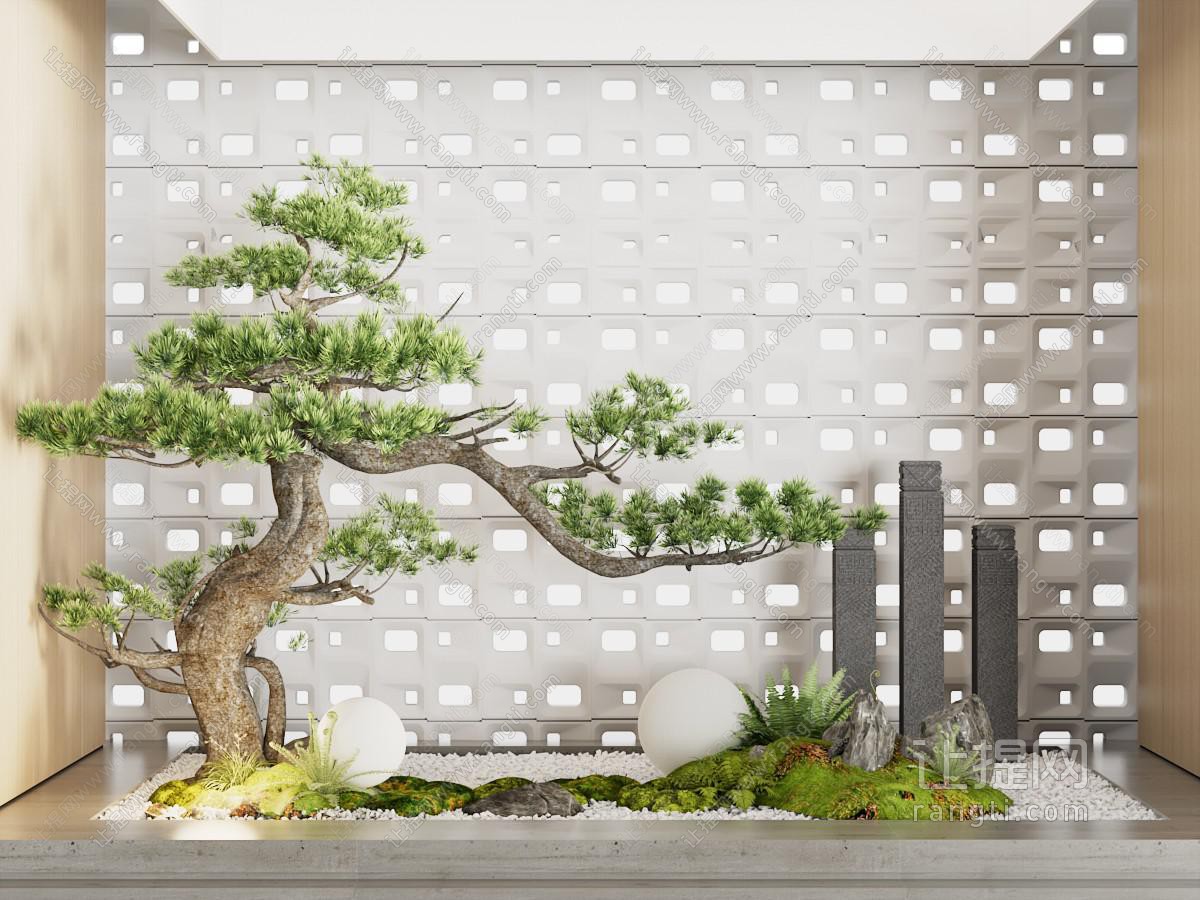 新中式松树 石子 花草室内景观园艺小品