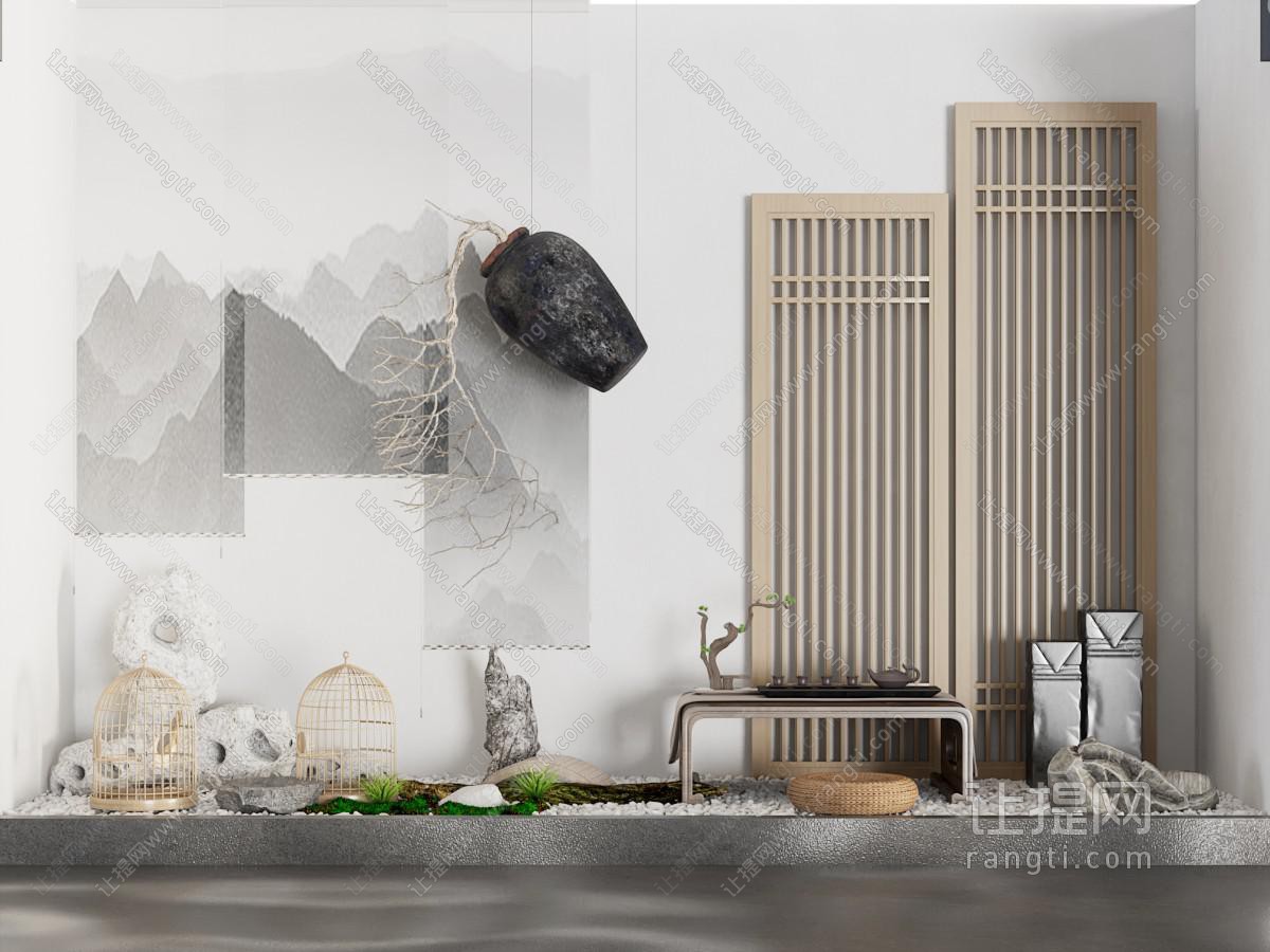 新中式鸟笼 茶几 假山室内景观园艺小品