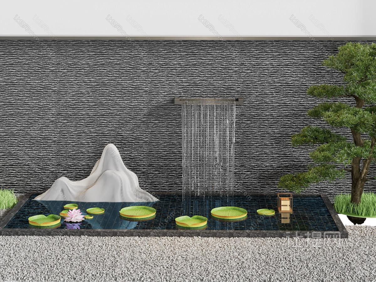 新中式景墙 假山 瀑布 松树景观园艺小品