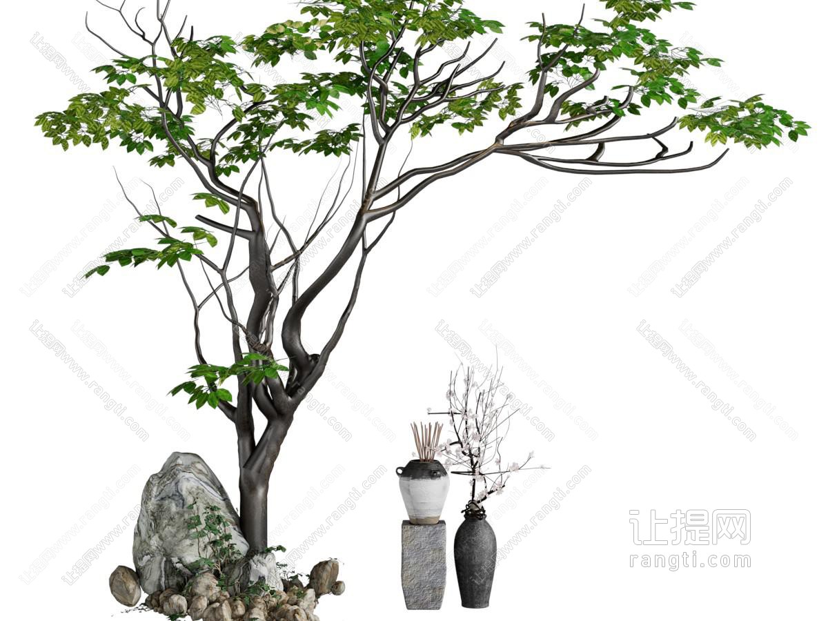 新中式石头、树、陶艺花瓶景观园艺小品
