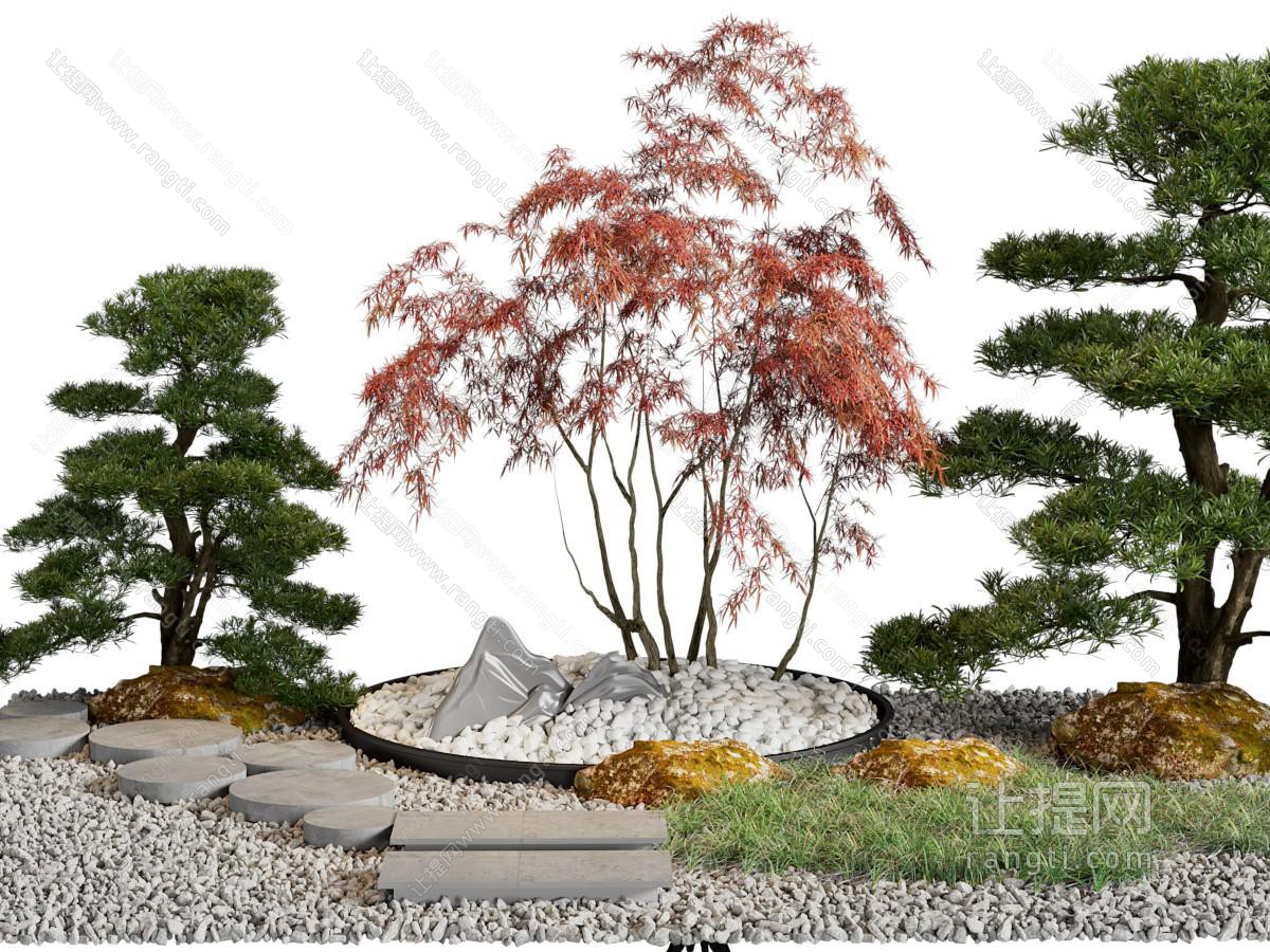 新中式松树、石子景观园艺小品