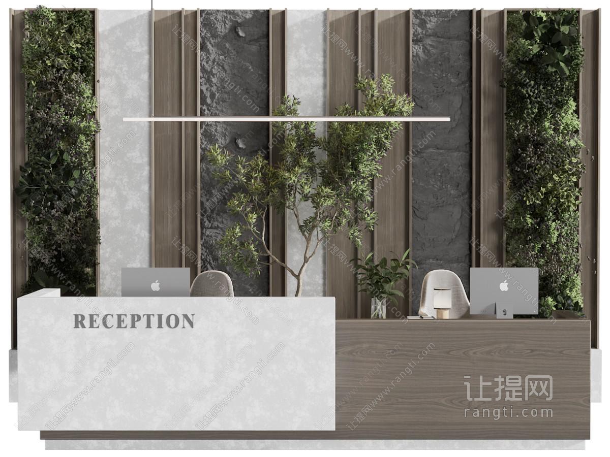 现代前台接待台 植物背景墙
