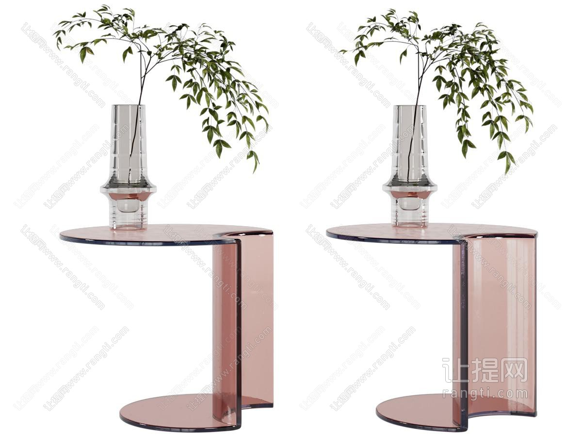 现代透明边几、花瓶花卉