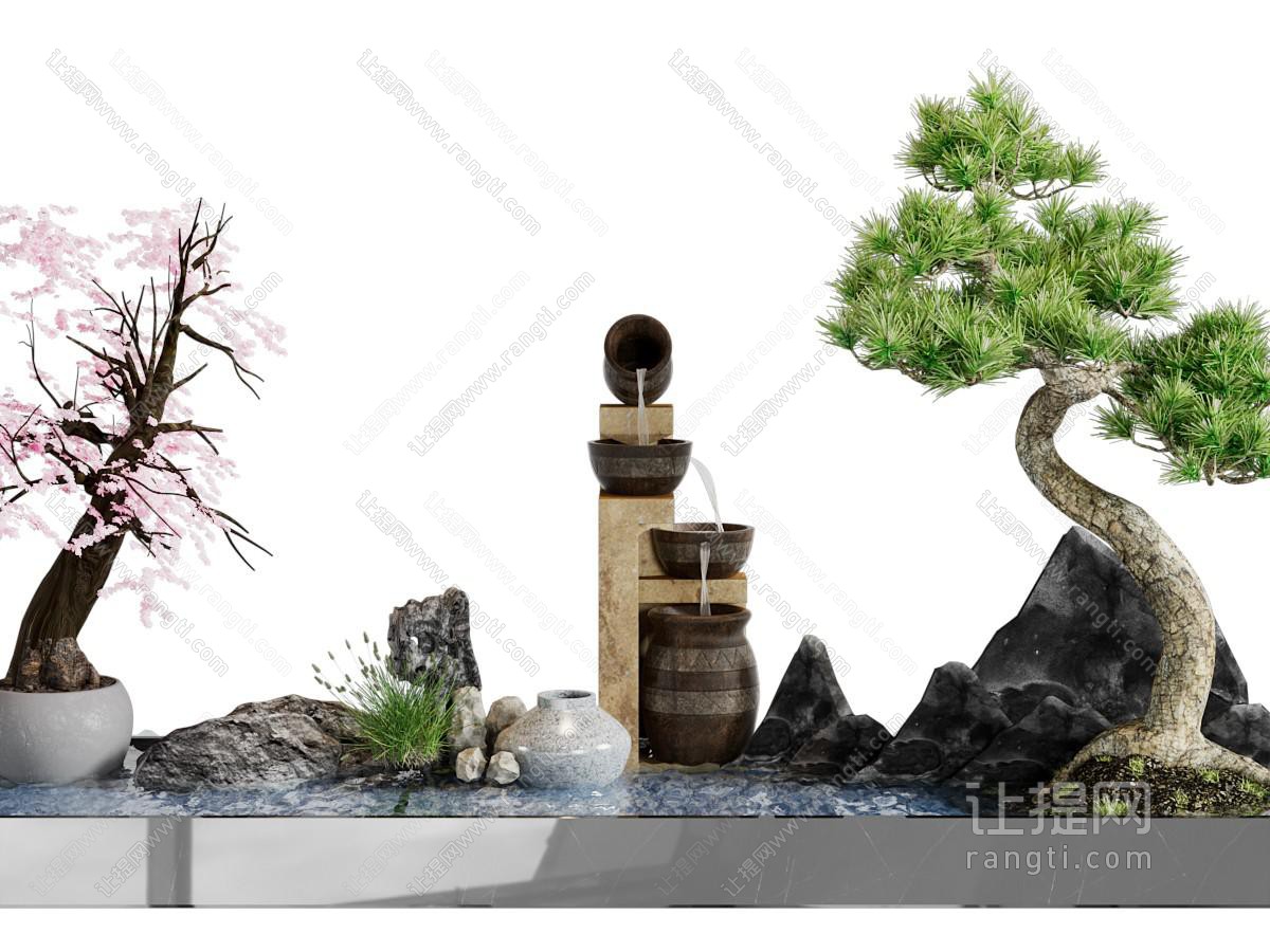 新中式松树、石头、水井景观园艺小品