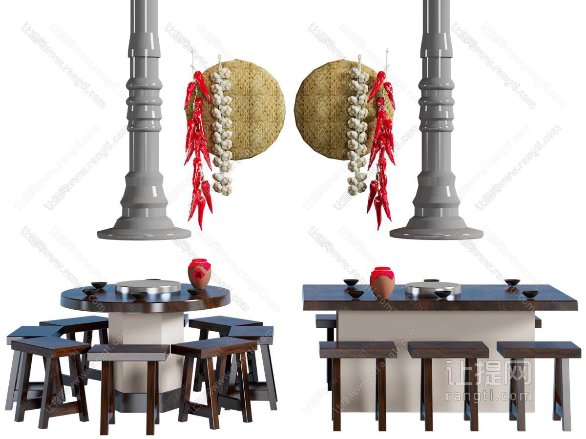 现代民宿灶台铁锅餐桌椅组合