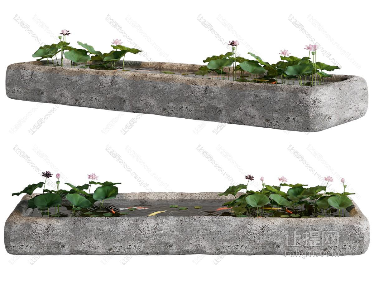 侘寂风石头荷花池 鱼群景观园艺小品