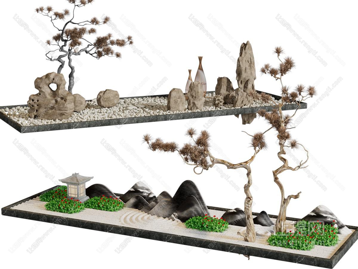 新中式花坛石头、松树景观园艺小品