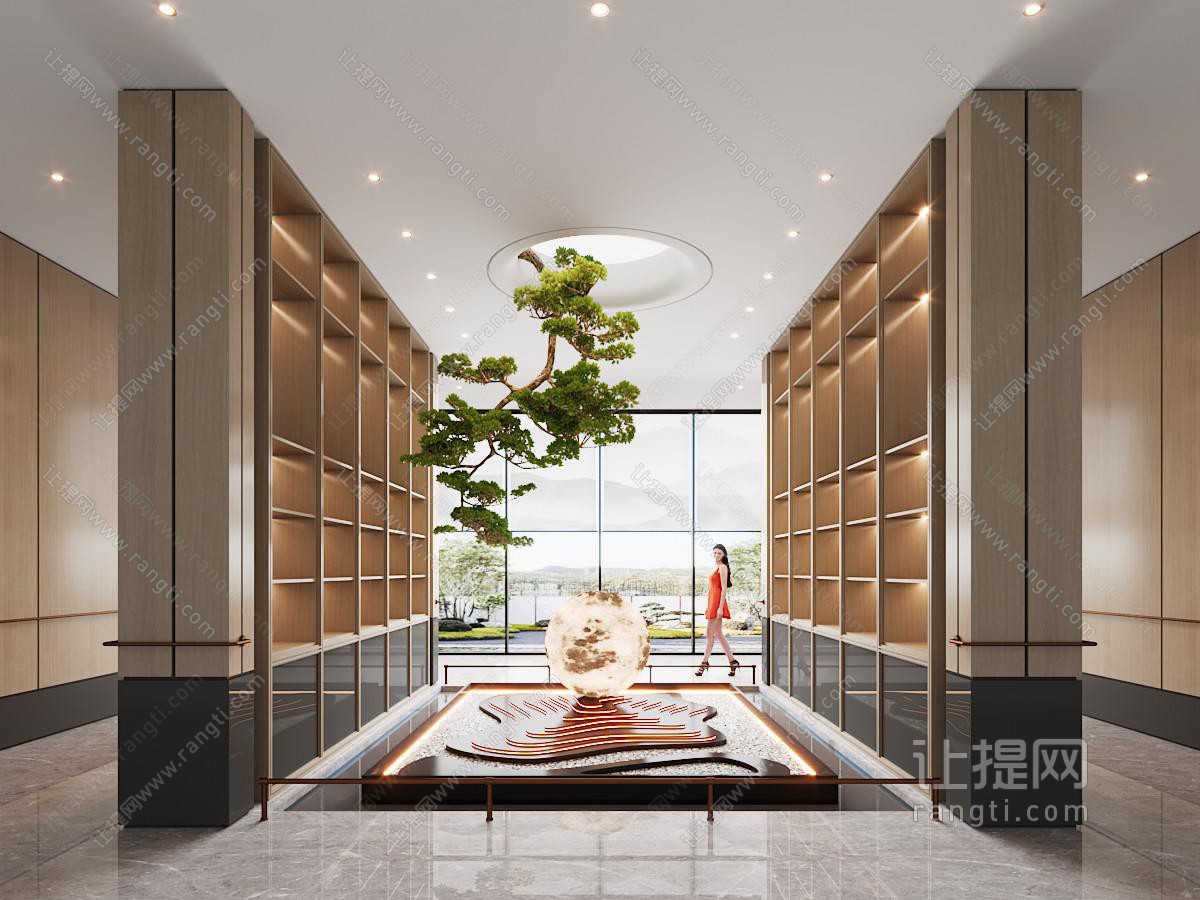 新中式售楼处大堂 景观小品