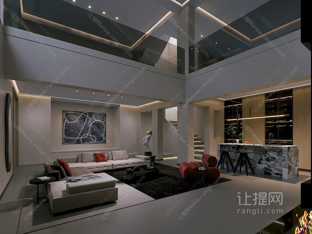 现代别墅客厅餐厅