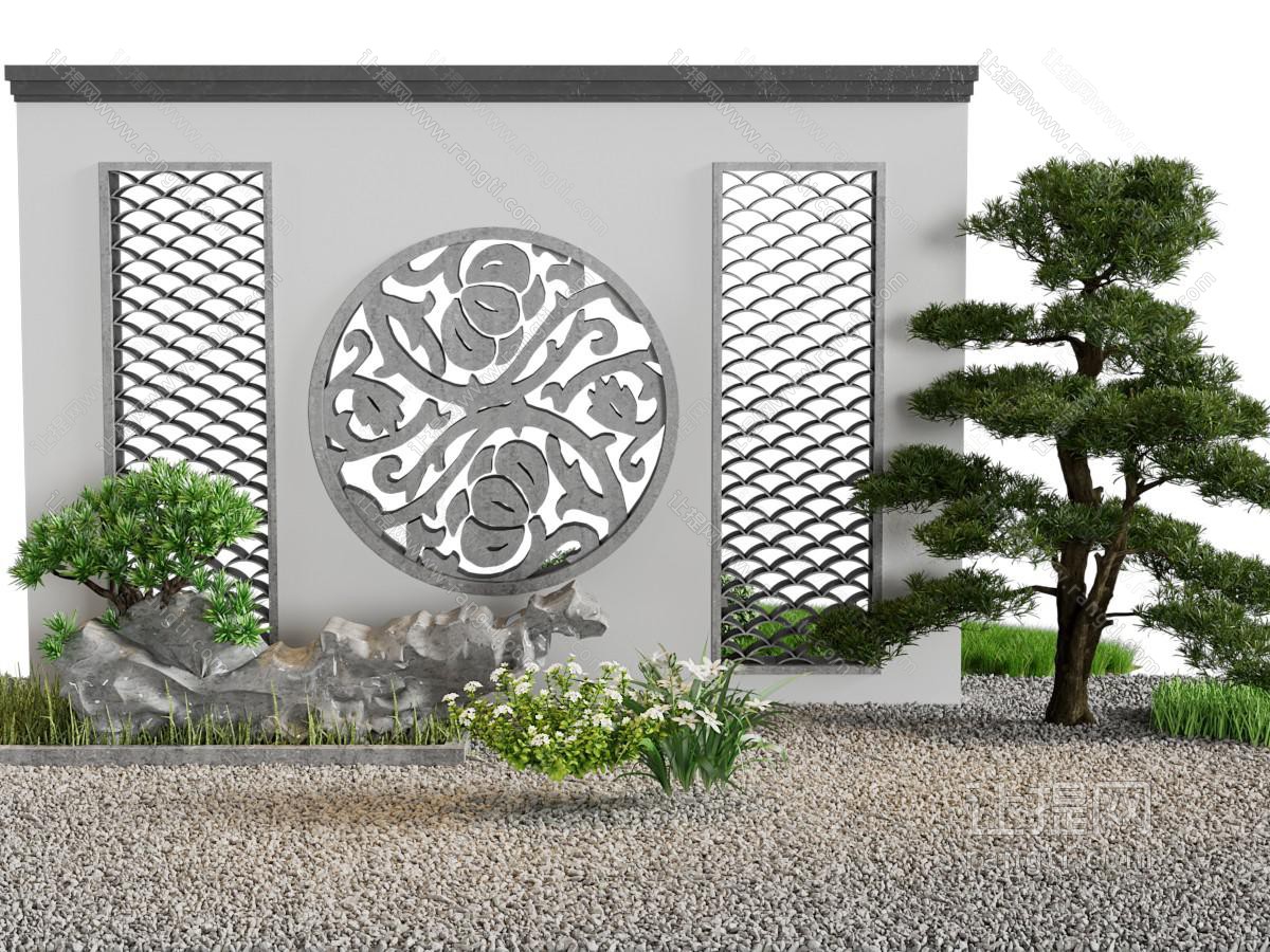 新中式背景墙 松树景观园艺小品