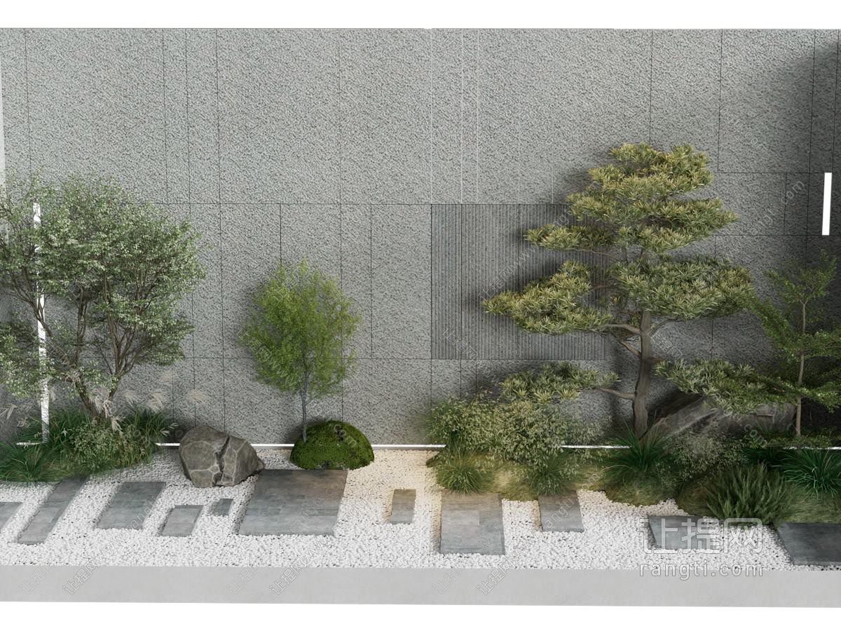 现代庭院树木 花草 铺石路景观园艺小品