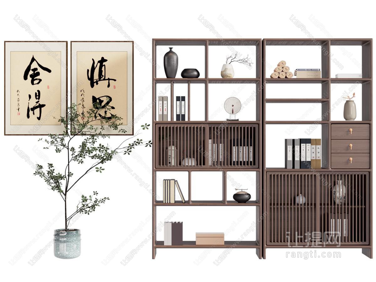 新中式开放式装饰书柜 装饰挂画