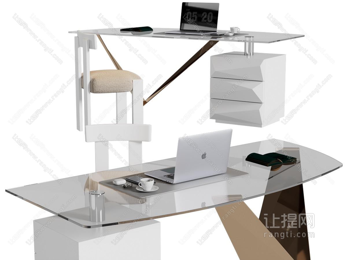 现代玻璃书桌椅组合