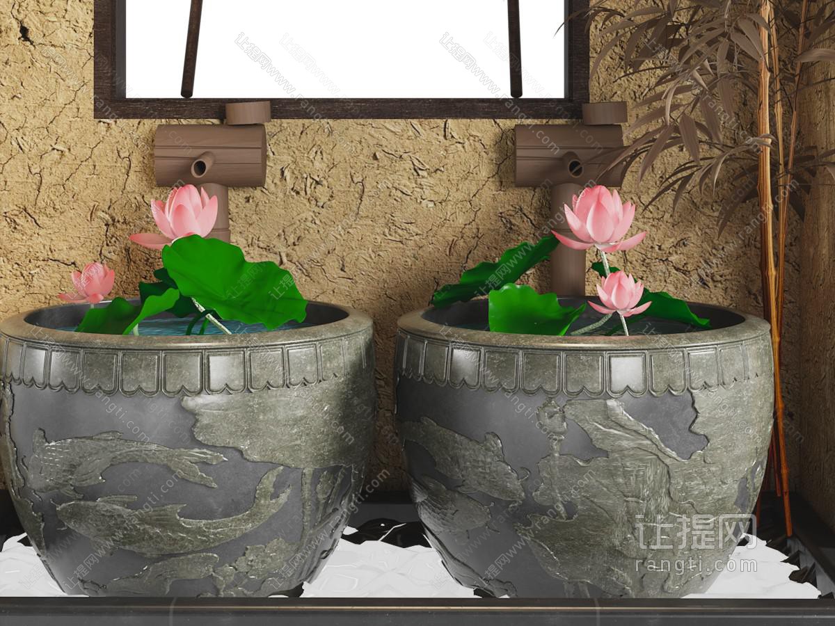 新中式室内荷花池 水景景观园艺小品