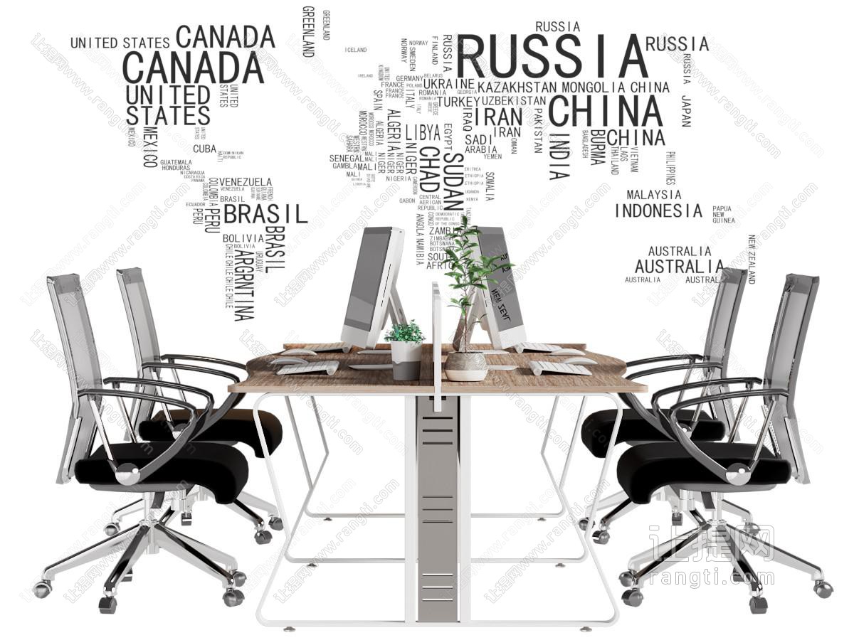 现代办公桌椅组合 英文字母墙饰