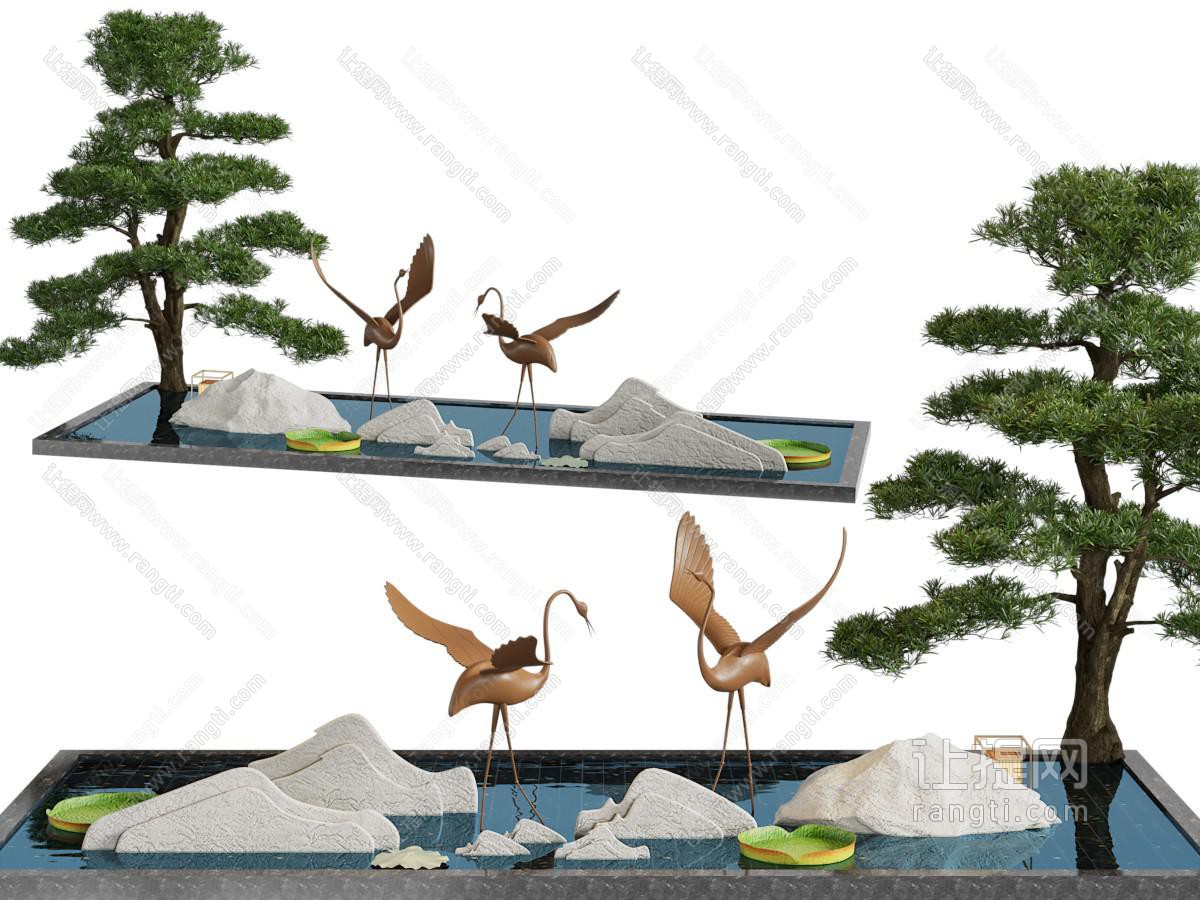 新中式花池 假山 仙鹤 松树景观园艺小品
