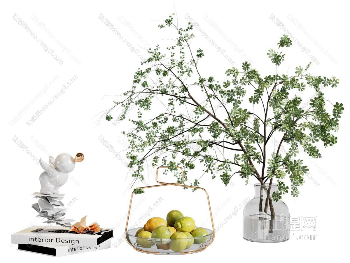 现代花瓶花卉 书本 果盘摆件组合