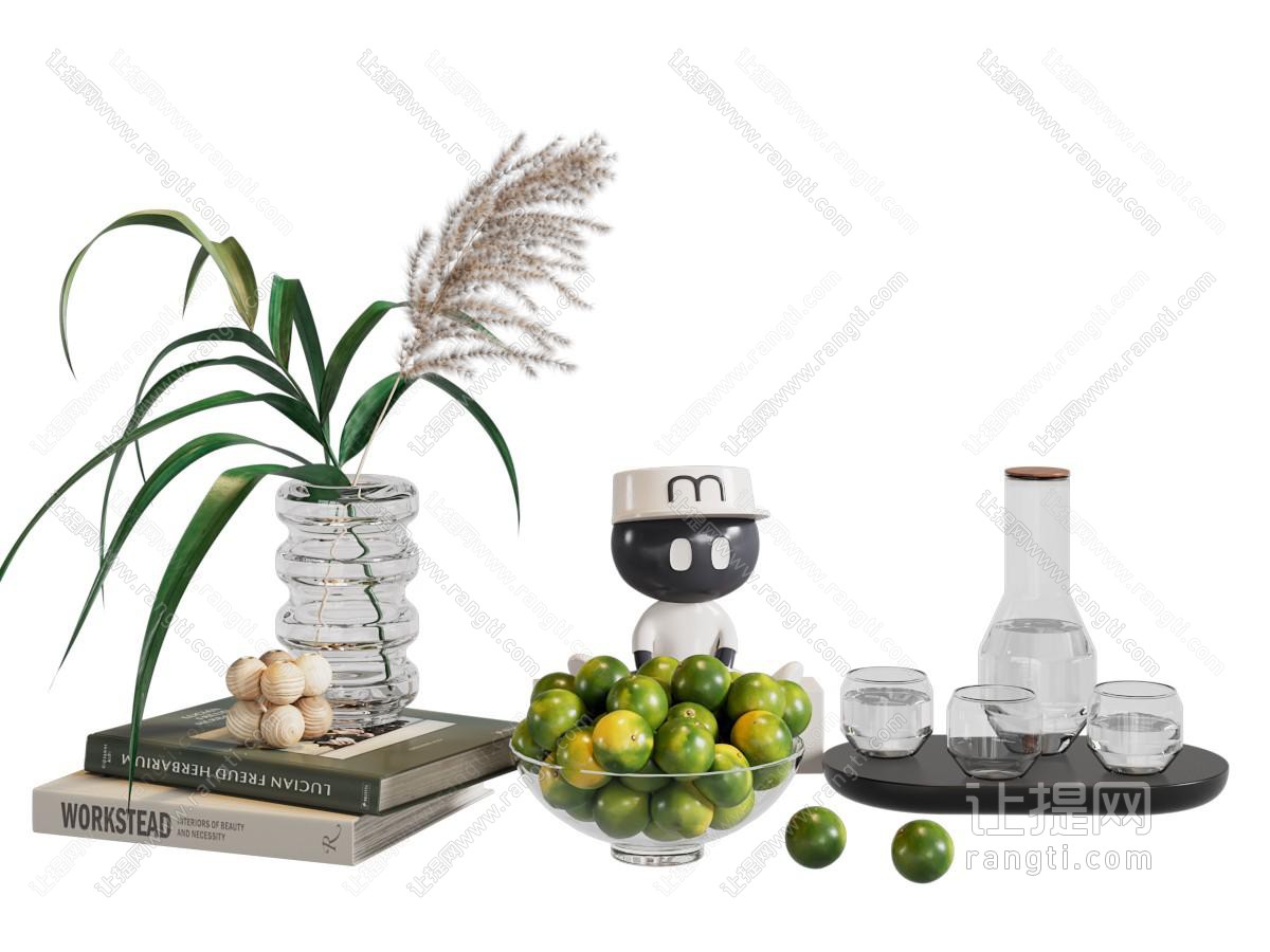 现代书本 花瓶花卉 茶具杯子摆件组合