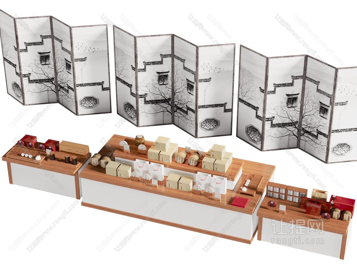 新中式屏风 茶叶 茶饼展示柜 展台