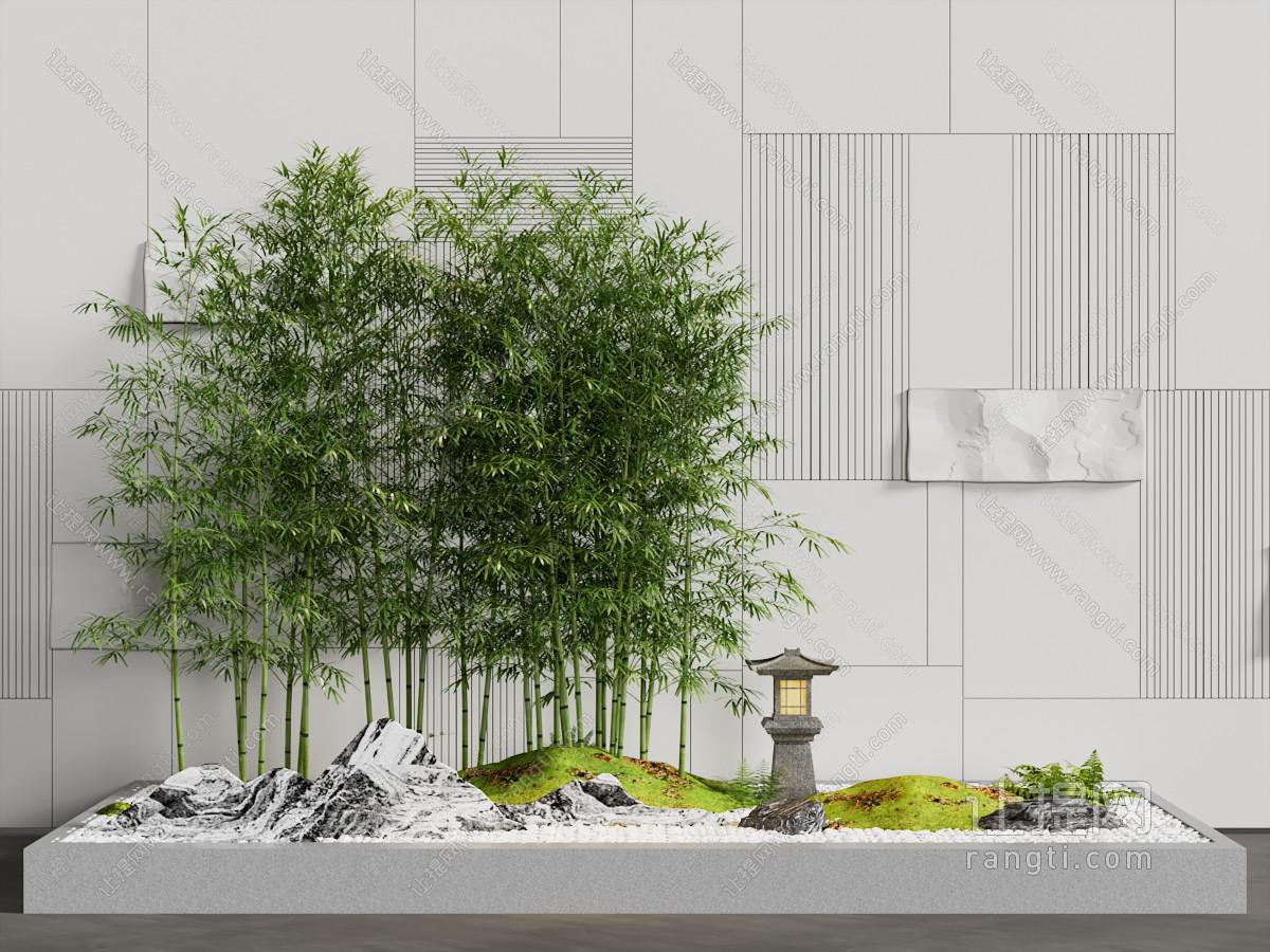 新中式景观墙 竹子 石头景观园艺小品