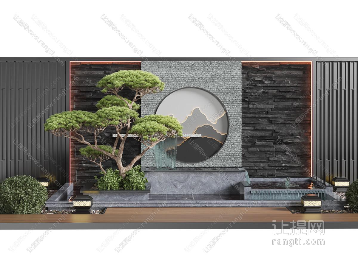 新中式庭院背景墙 松树 瀑布景观园艺小品
