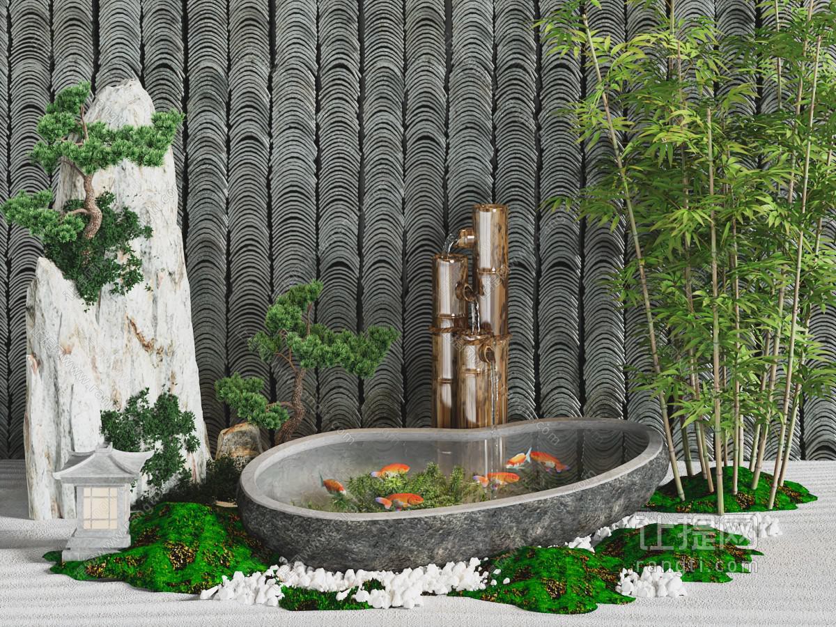 新中式庭院景观墙 水池 鱼群景观园艺小品