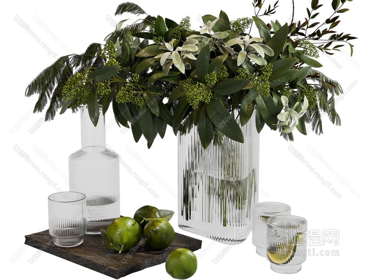 现代玻璃花瓶花卉 茶具杯子 柠檬水 摆件组合
