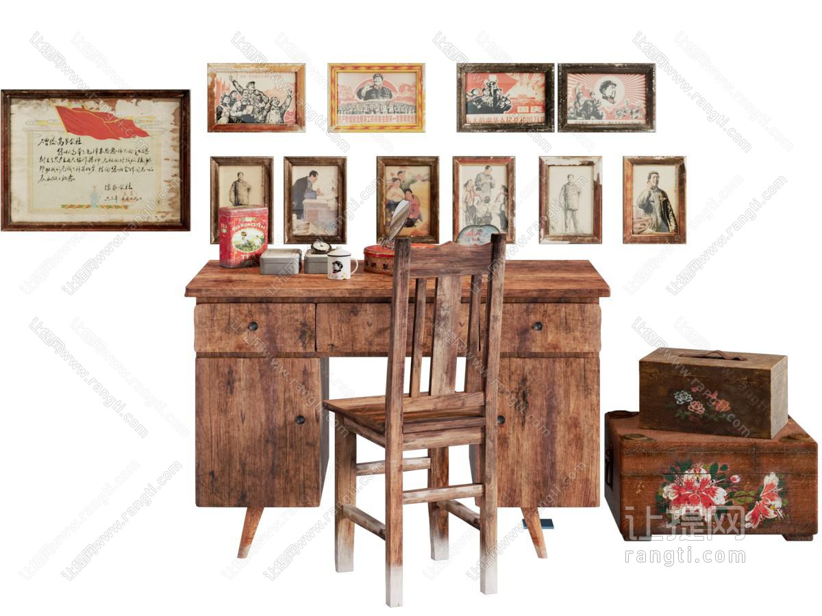 现代中古风老式家具 书桌椅组合 挂画