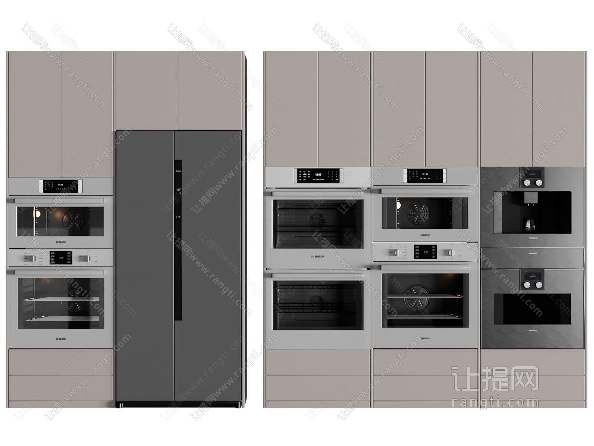 现代嵌入高柜的烤箱 电冰箱 厨房电器