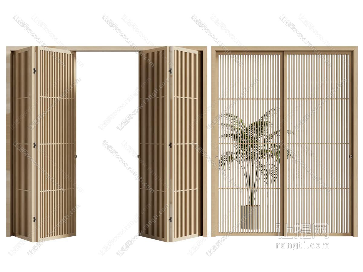 现代实木栅格推拉门 折叠门