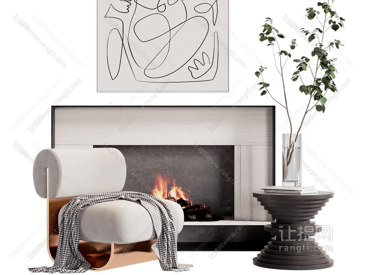 现代休闲单人沙发 壁炉火炉