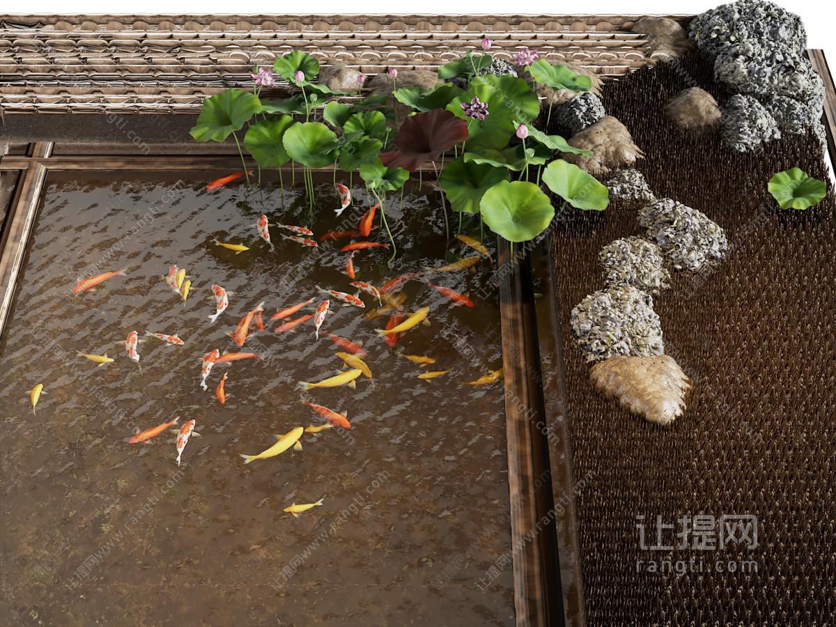 新中式池塘 鱼群 荷花庭院景观园艺小品