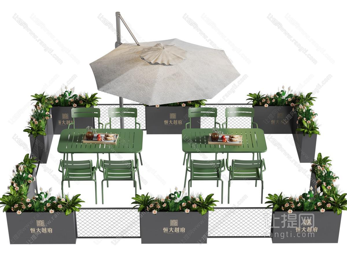 现代户外遮阳伞 花箱隔断 餐桌椅组合