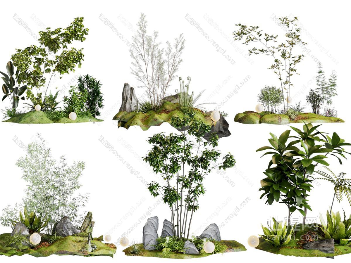 现代花草 石头 树木景观园艺小品