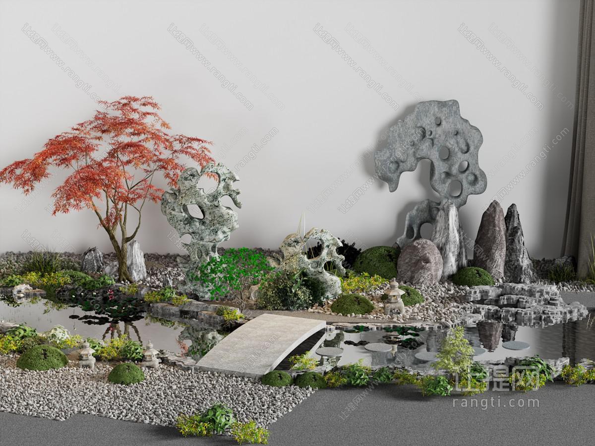 新中式假山 树木 水池景观园艺小品